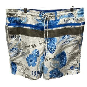 Caribbean Joe Blue and White Board Shorts Tropical Floral Design size XXL GUC
